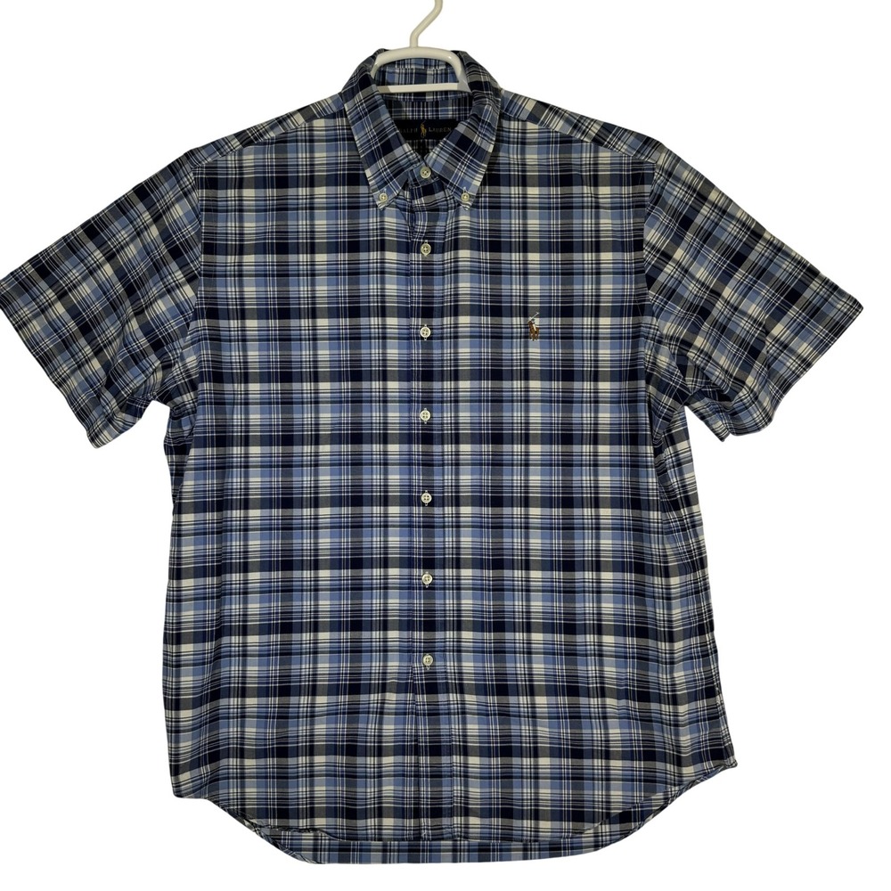 Ralph Lauren Shirt Mens Large Blue Plaid Button Down Short Sleeve Polo Pony
